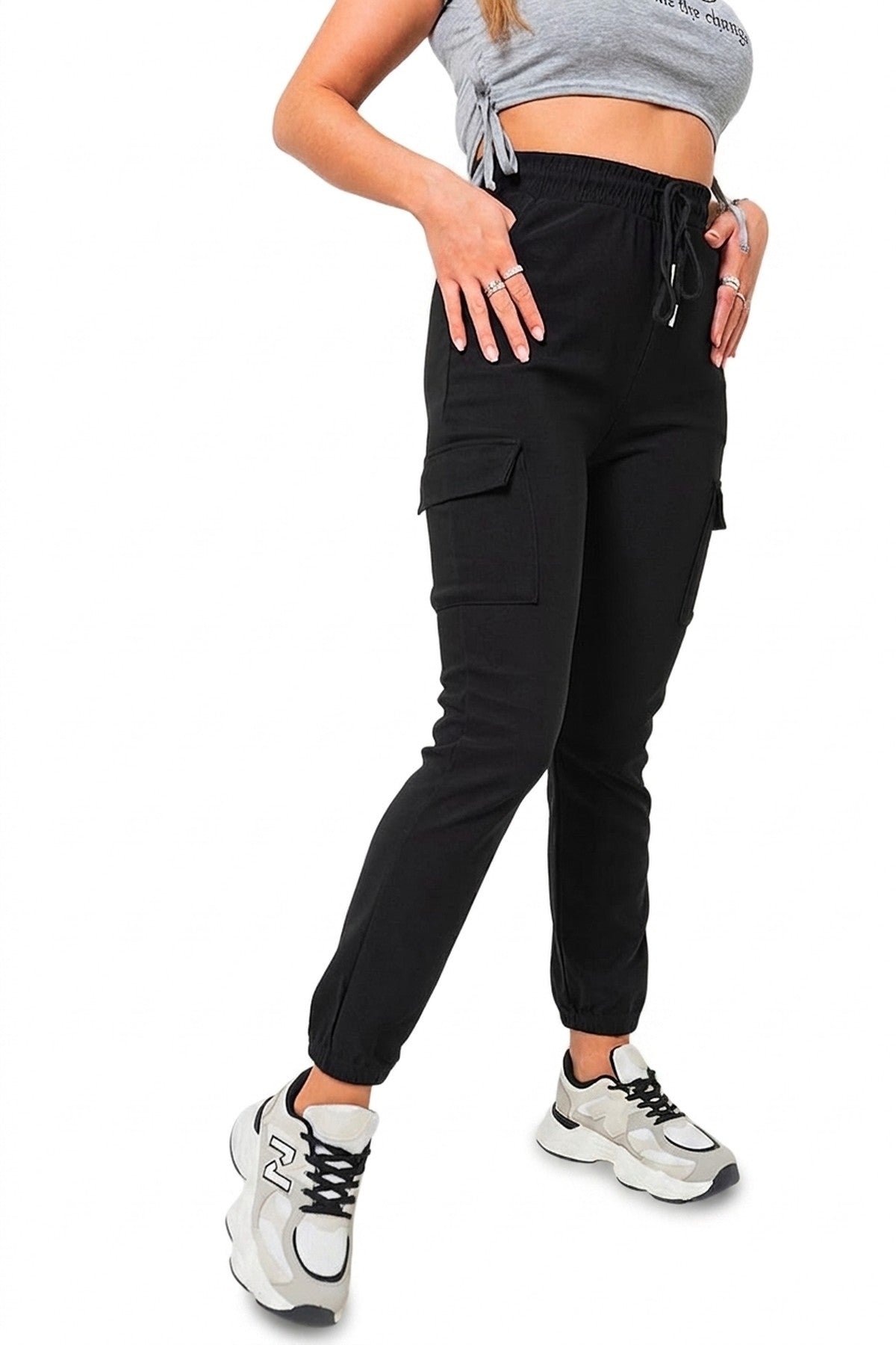 Frankie Plus Size Cargo Pocket Trouser With Drawstring - Black_wb