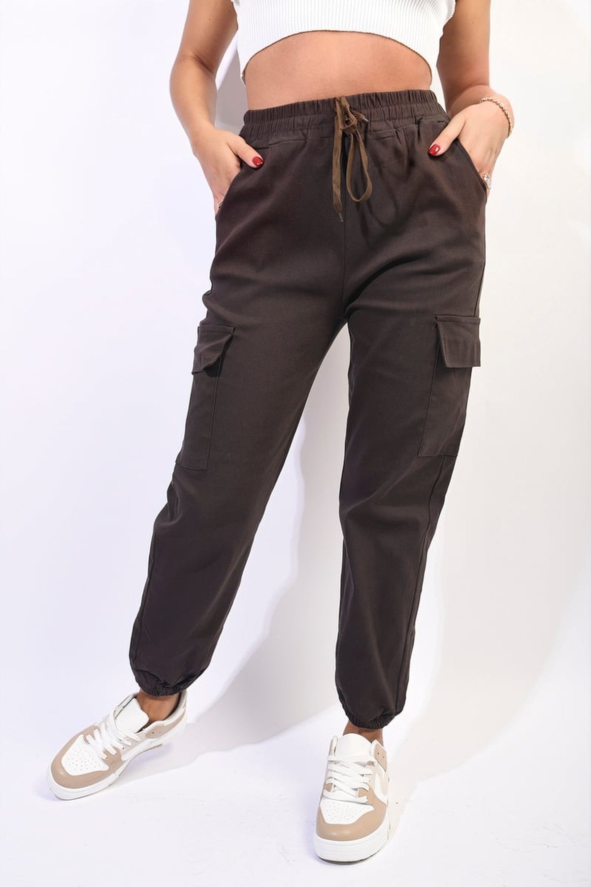 Plus Size Frankie Cargo Pocket Trouser With Drawstring - Brown