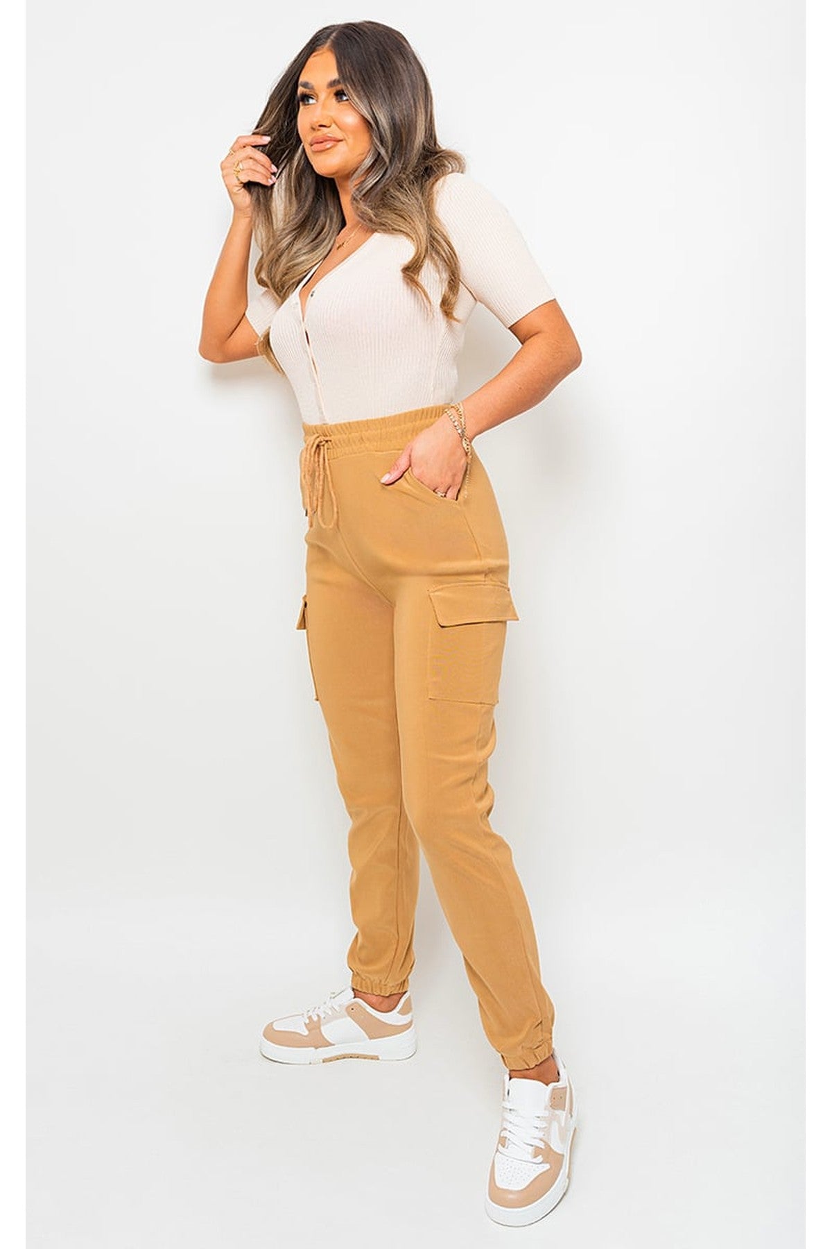 Plus Size Frankie Cargo Pocket Trouser With Drawstring - Camel