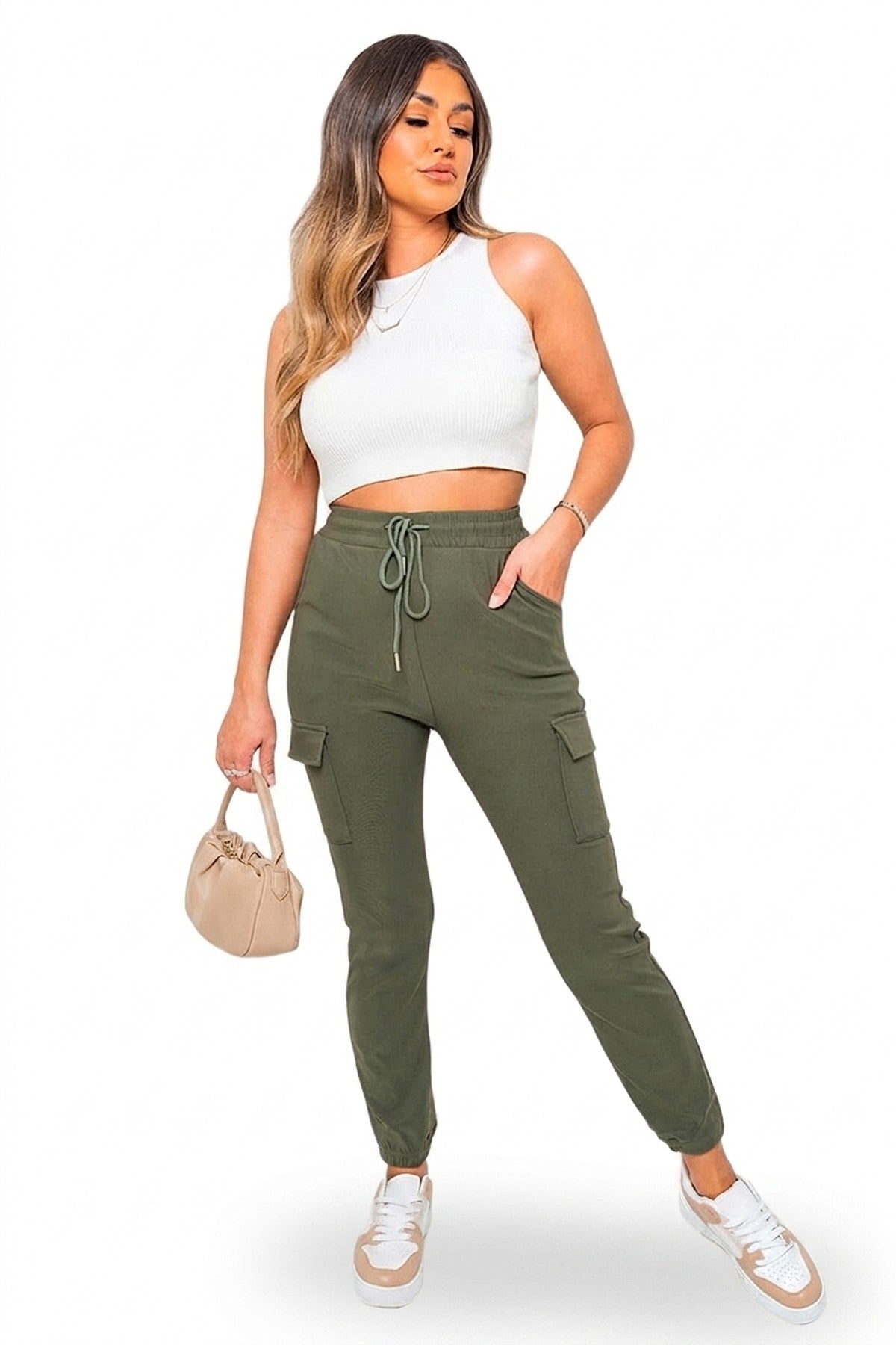 Frankie Plus Size Cargo Pocket Trouser With Drawstring - Khaki_wb