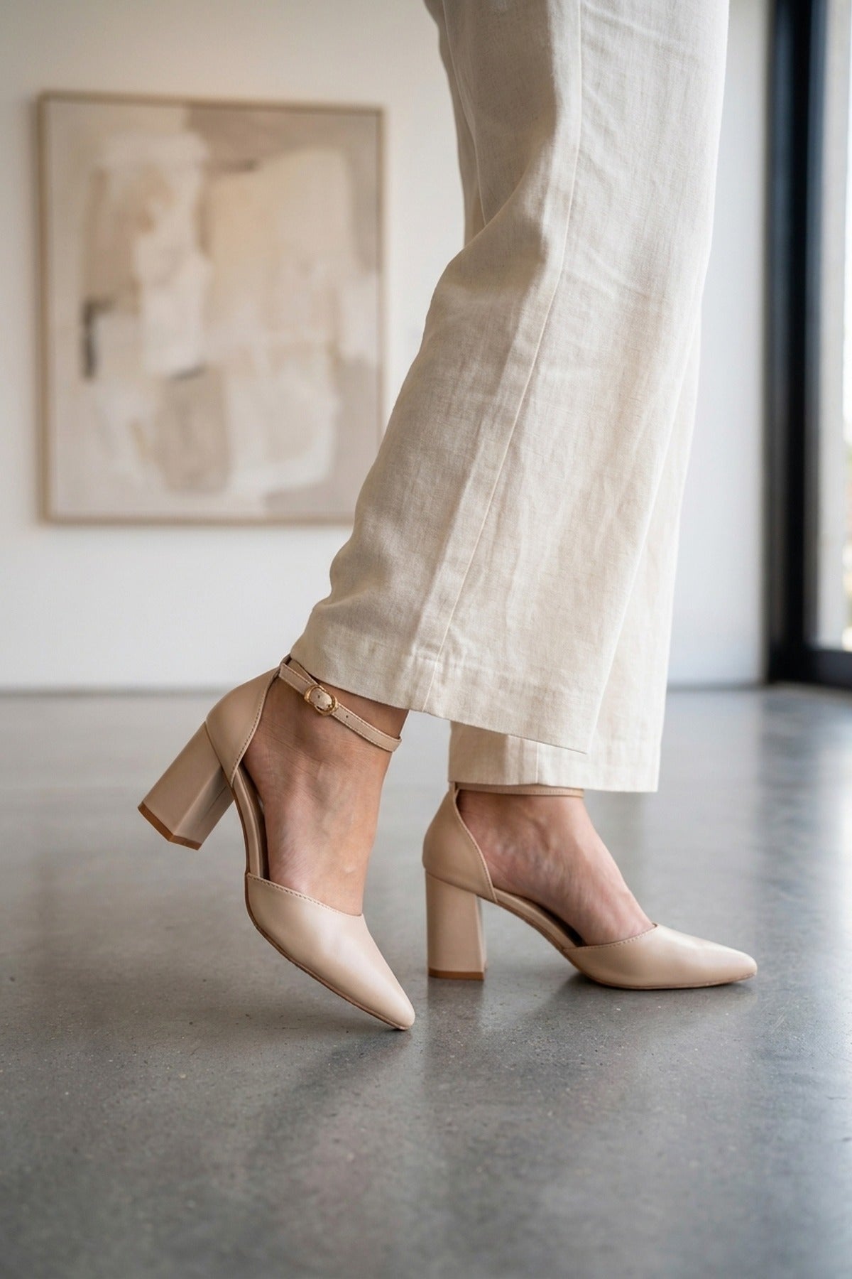 Saoirse Pointed Toe Ankle Strap Heels - Beige