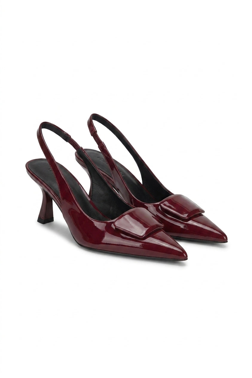 Noria Pointed Toe Slingback Heels With Statement Buckle - Wine