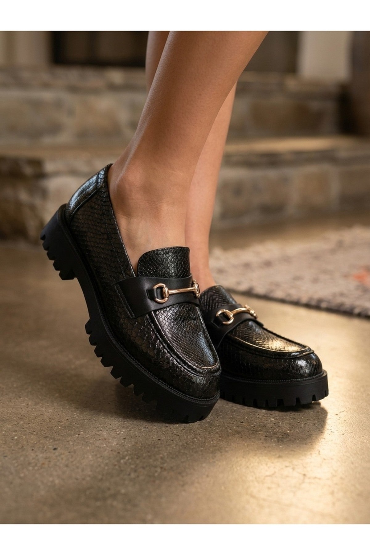Poppy Snakeskin Chunky Loafers - Black