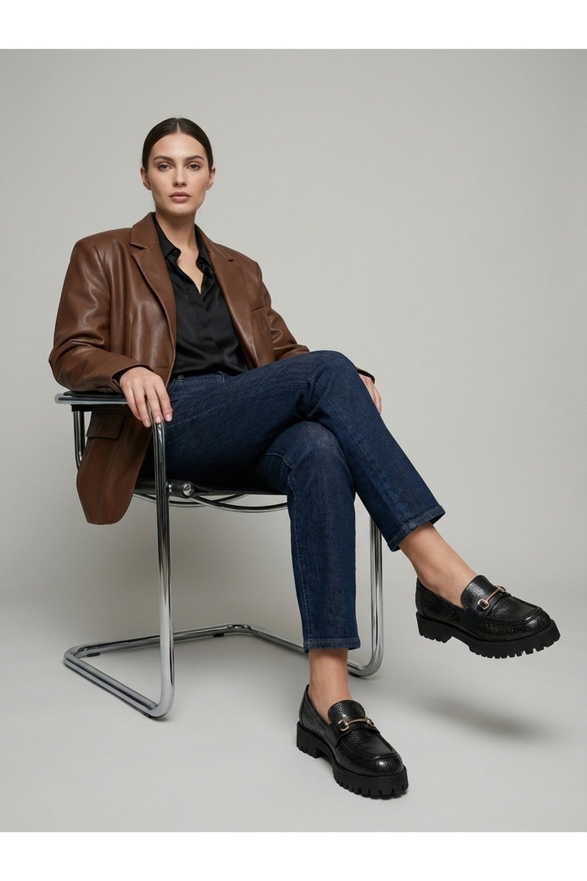 Poppy Snakeskin Chunky Loafers - Black