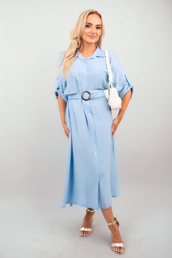 Priscilla Belted Button Down Roll Tab Sleeve Midi Dress - Sky Blue