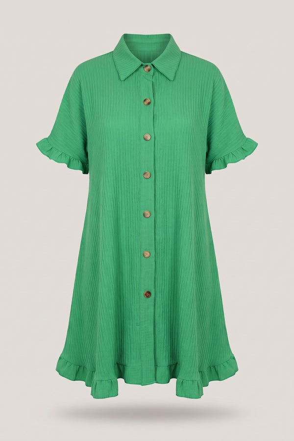 Prisha Button Down Oversized Ruffle Short Sleeve Mini Dress - Green