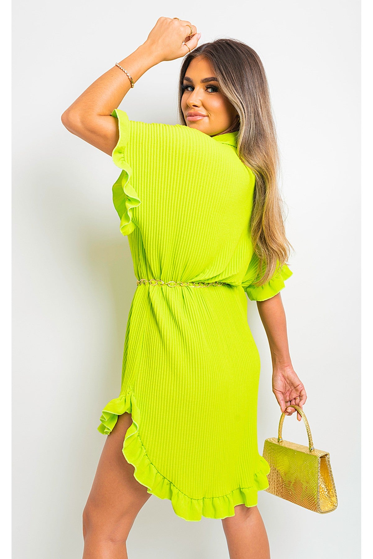 Prisha Button Down Oversized Ruffle Short Sleeve Mini Dress - Apple