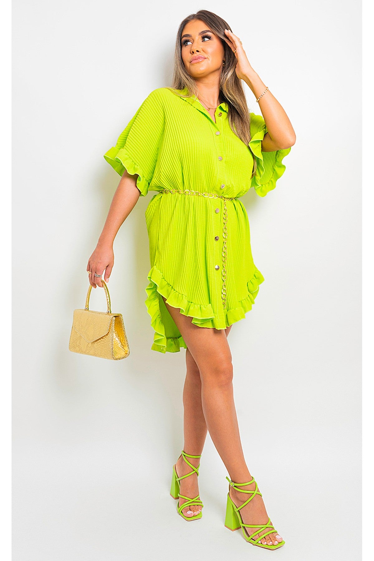 Prisha Button Down Oversized Ruffle Short Sleeve Mini Dress - Apple