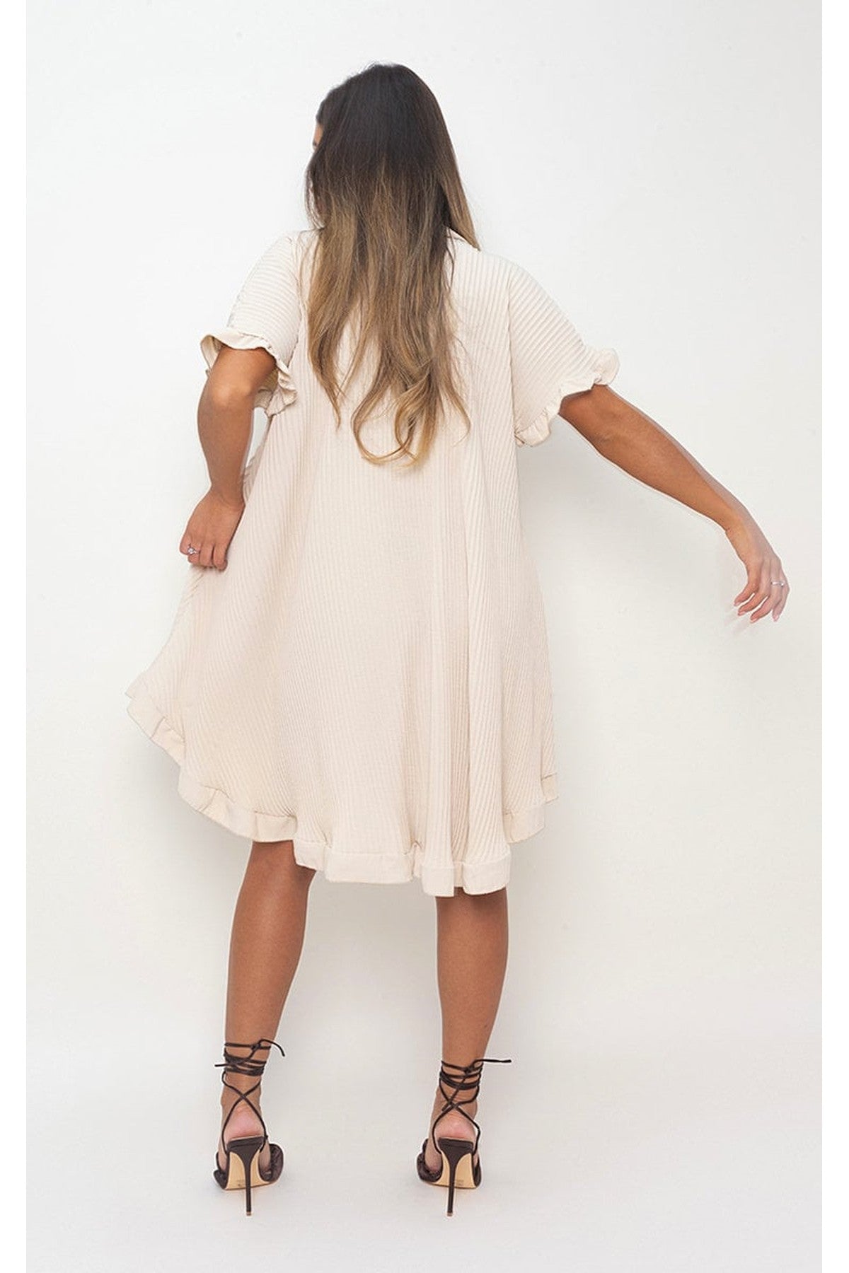 Prisha Button Down Oversized Ruffle Short Sleeve Mini Dress - Beige