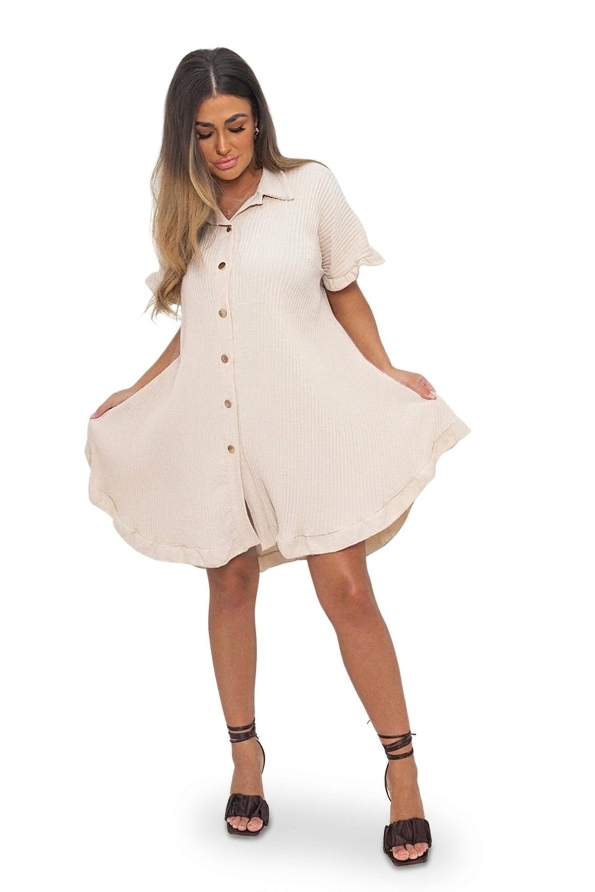 Prisha Button Down Oversized Ruffle Short Sleeve Mini Dress - Beige_wb