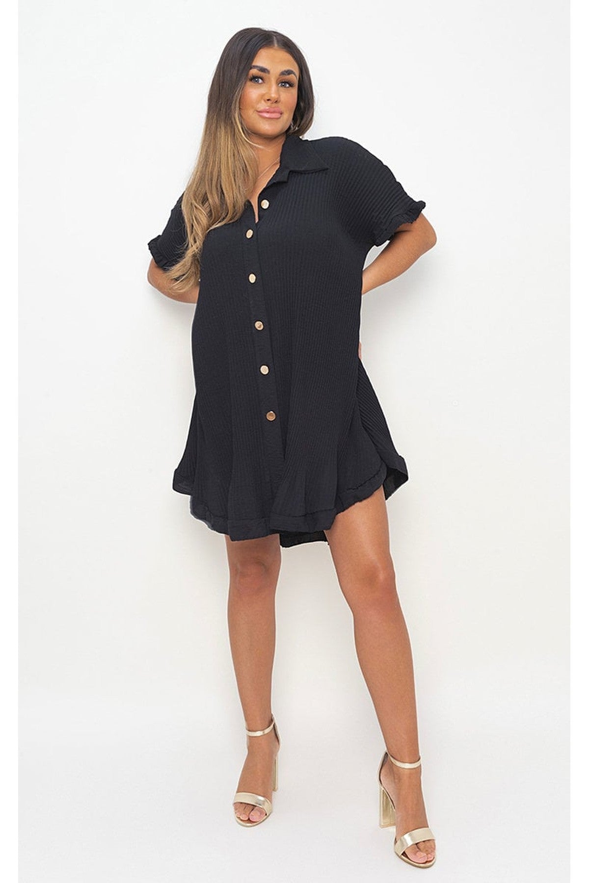 Prisha Button Down Oversized Ruffle Short Sleeve Mini Dress - Black