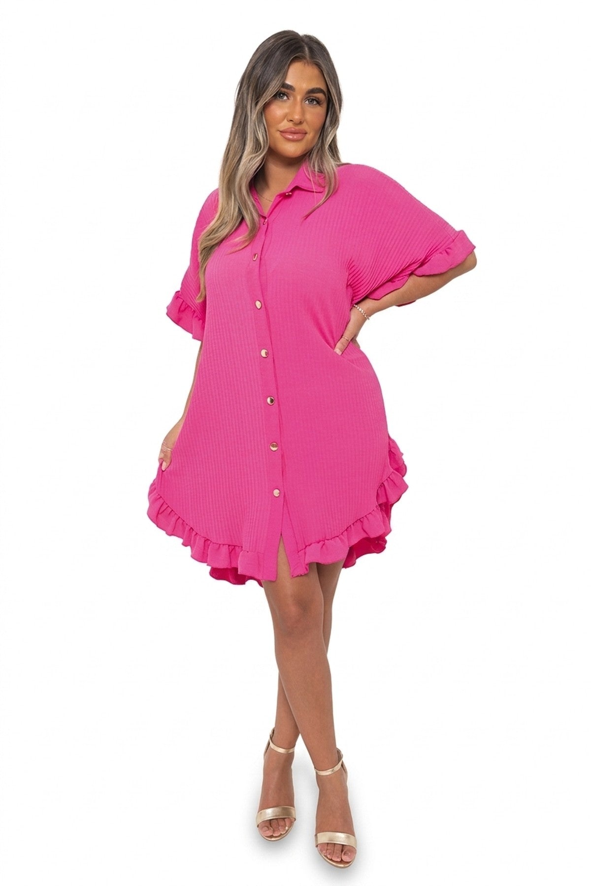 Prisha Button Down Oversized Ruffle Short Sleeve Mini Dress - Coral_wb