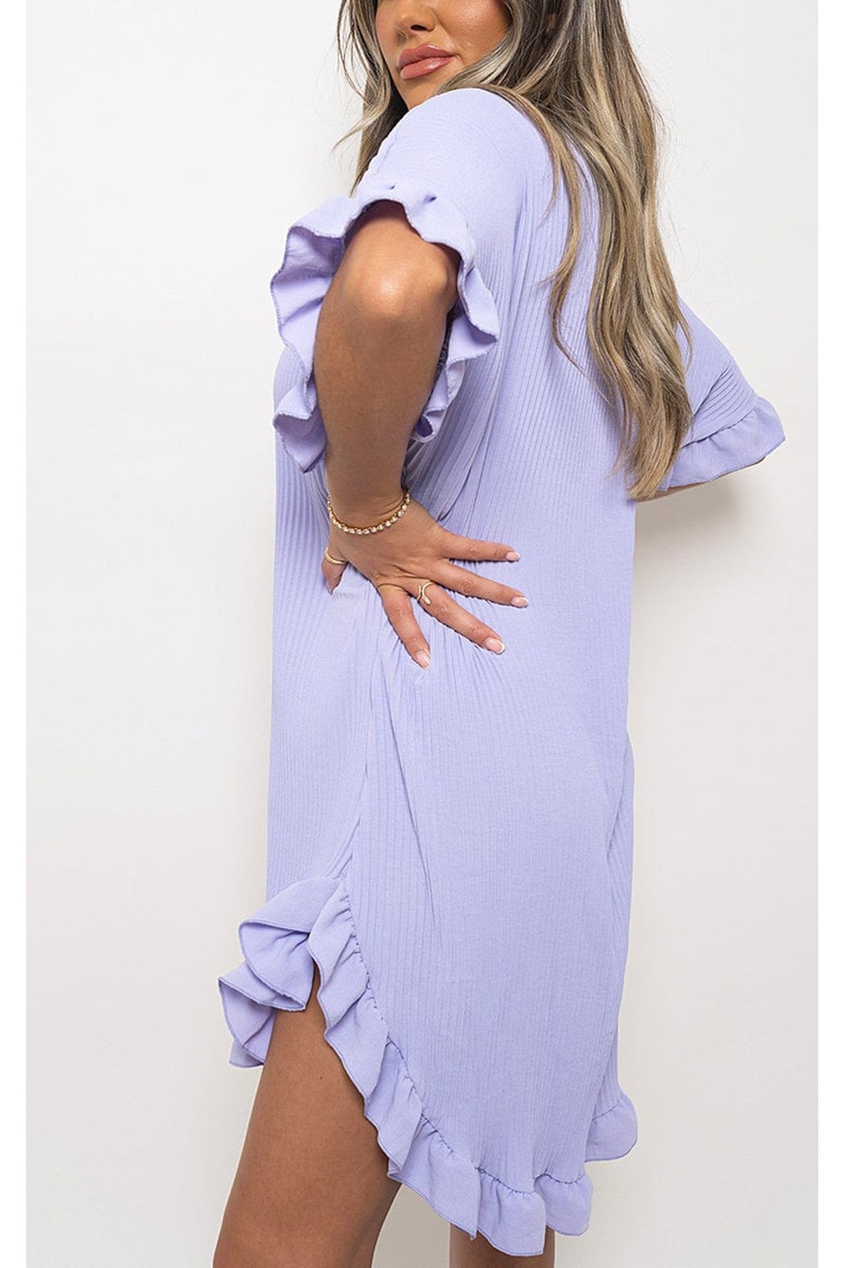 Prisha Button Down Oversized Ruffle Short Sleeve Mini Dress - Lilac