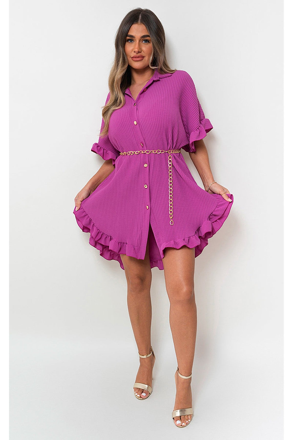 Prisha Button Down Oversized Ruffle Short Sleeve Mini Dress - Magenta