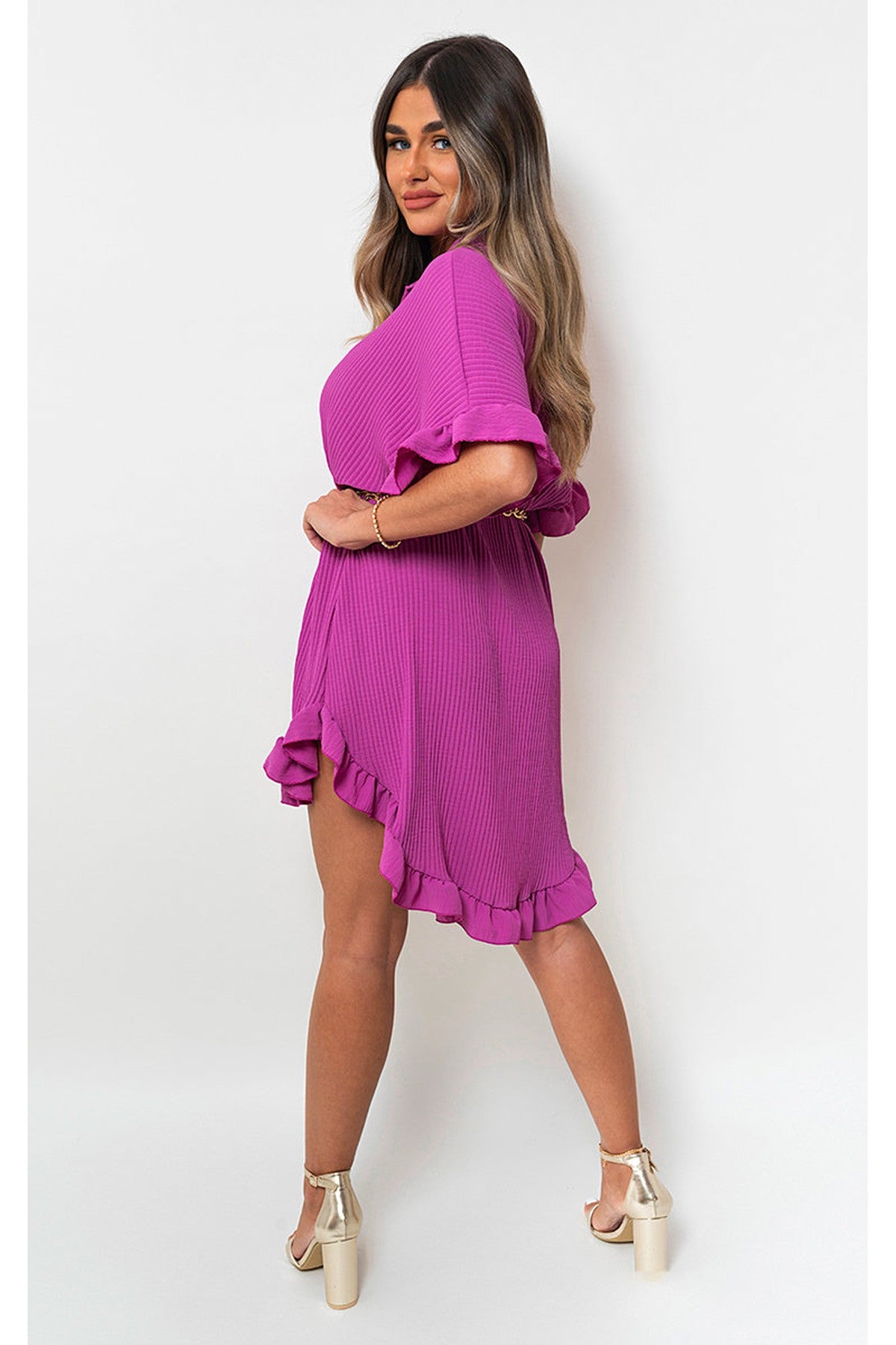 Prisha Button Down Oversized Ruffle Short Sleeve Mini Dress - Magenta