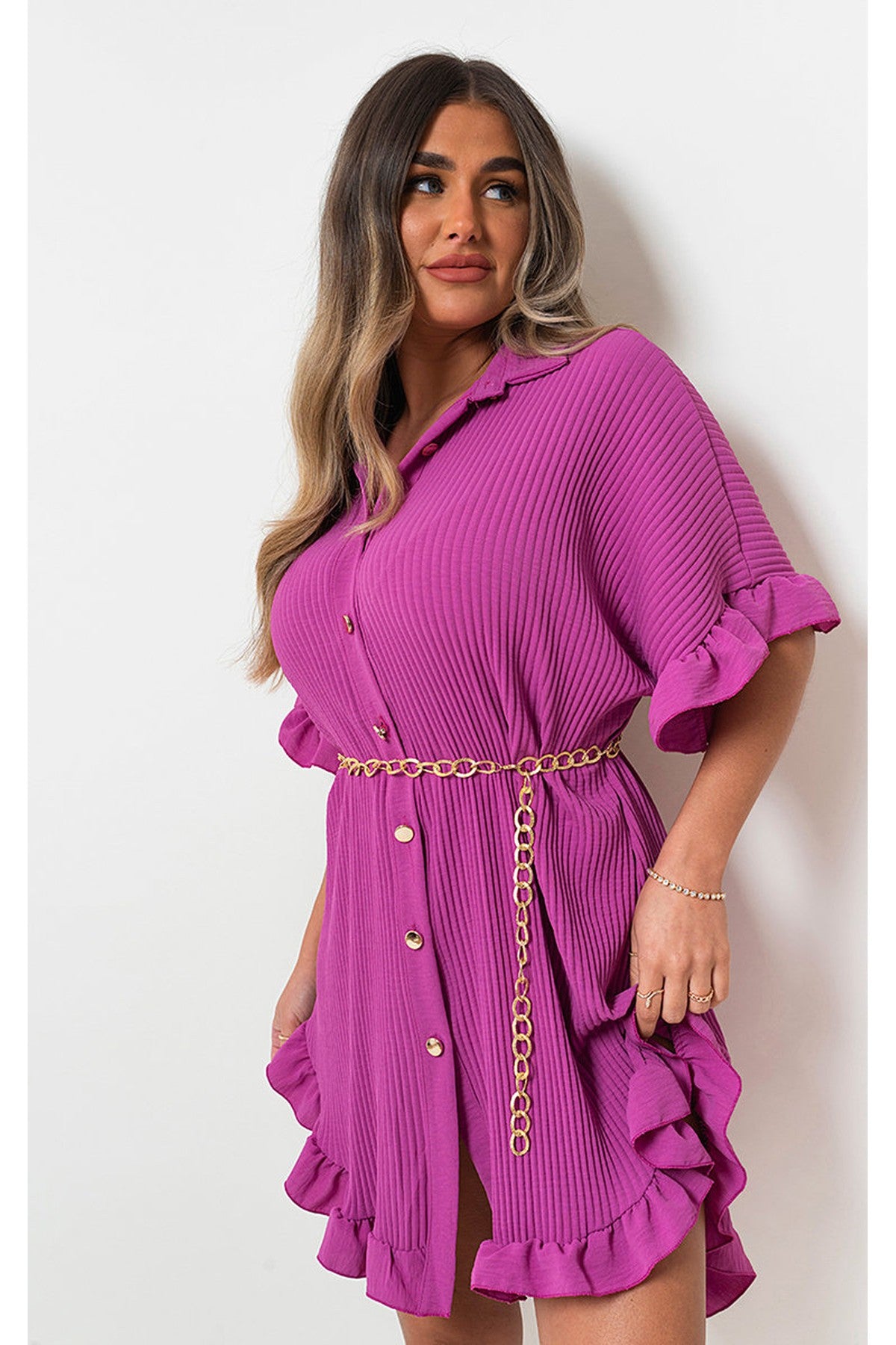 Prisha Button Down Oversized Ruffle Short Sleeve Mini Dress - Magenta