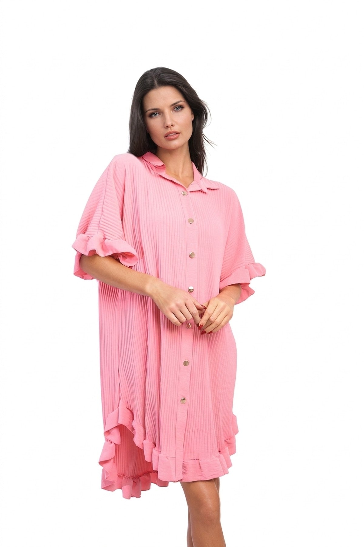 Prisha Button Down Oversized Ruffle Short Sleeve Mini Dress - PINK_wb