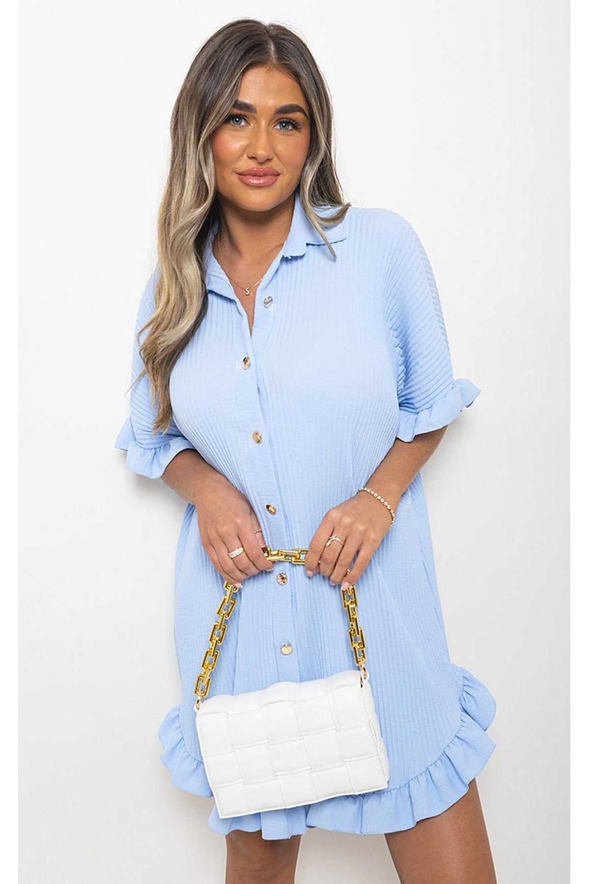 Prisha Button Down Oversized Ruffle Short Sleeve Mini Dress - Sky Blue