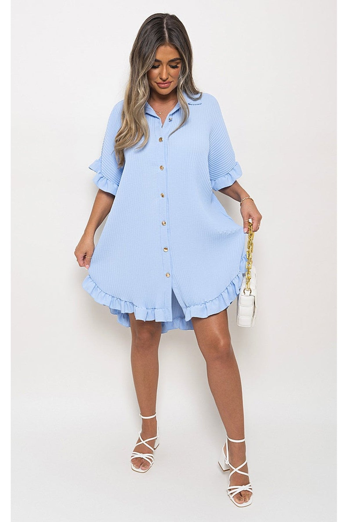 Prisha Button Down Oversized Ruffle Short Sleeve Mini Dress - Sky Blue