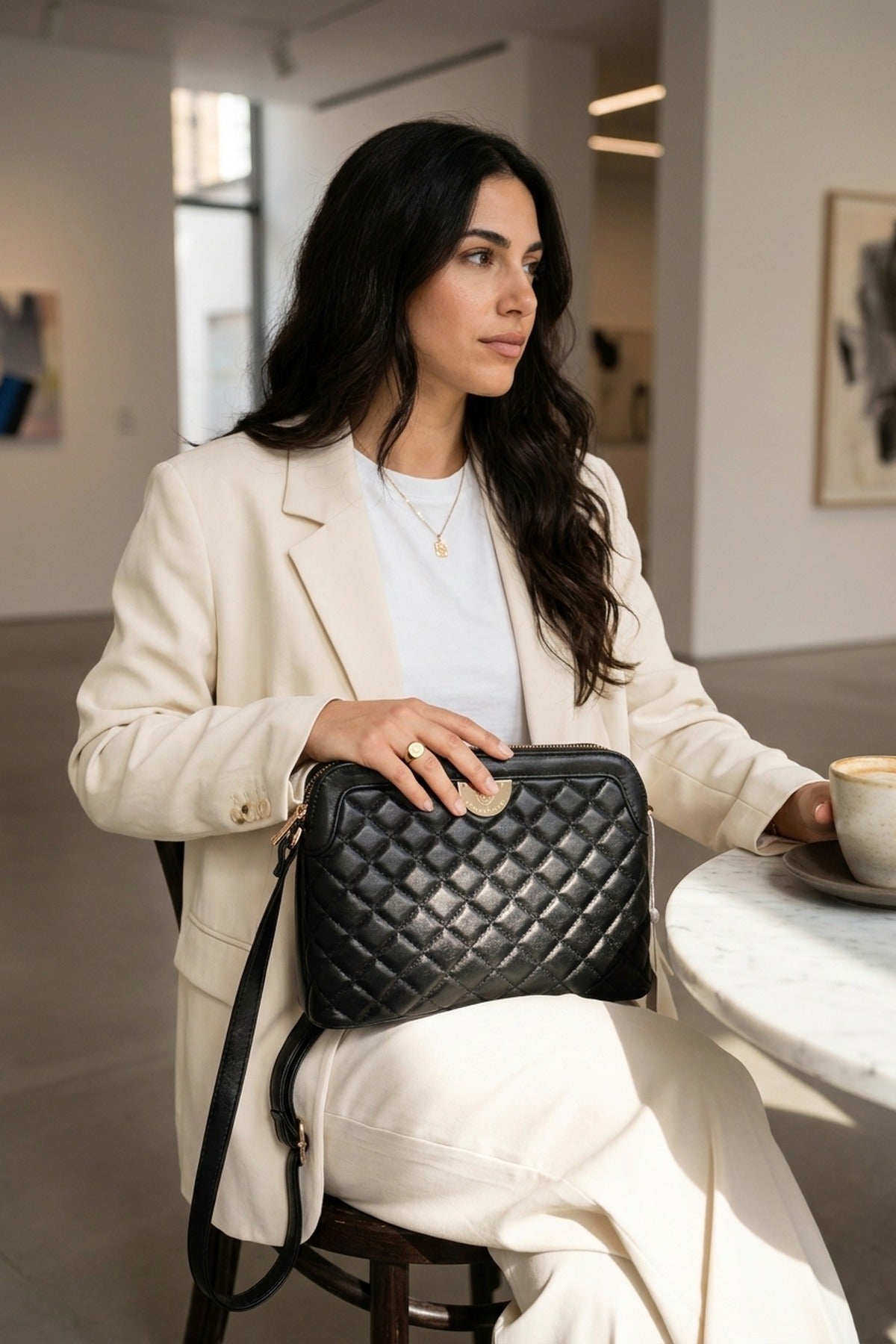 Constance Quilted Frame Crossbody Bag - Black