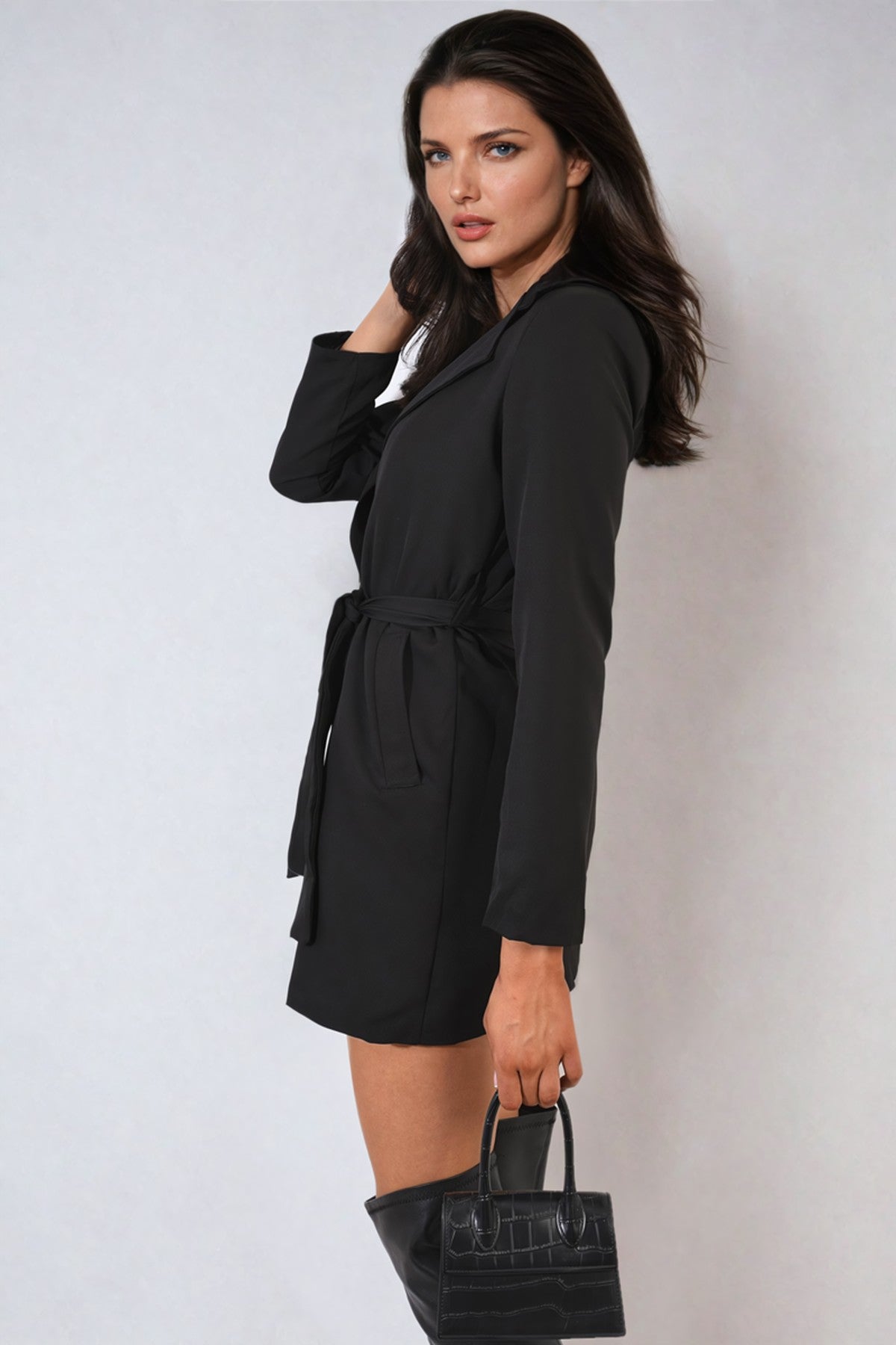 Raven Oversized Waist Tie Button Detail Blazer Jacket - Black