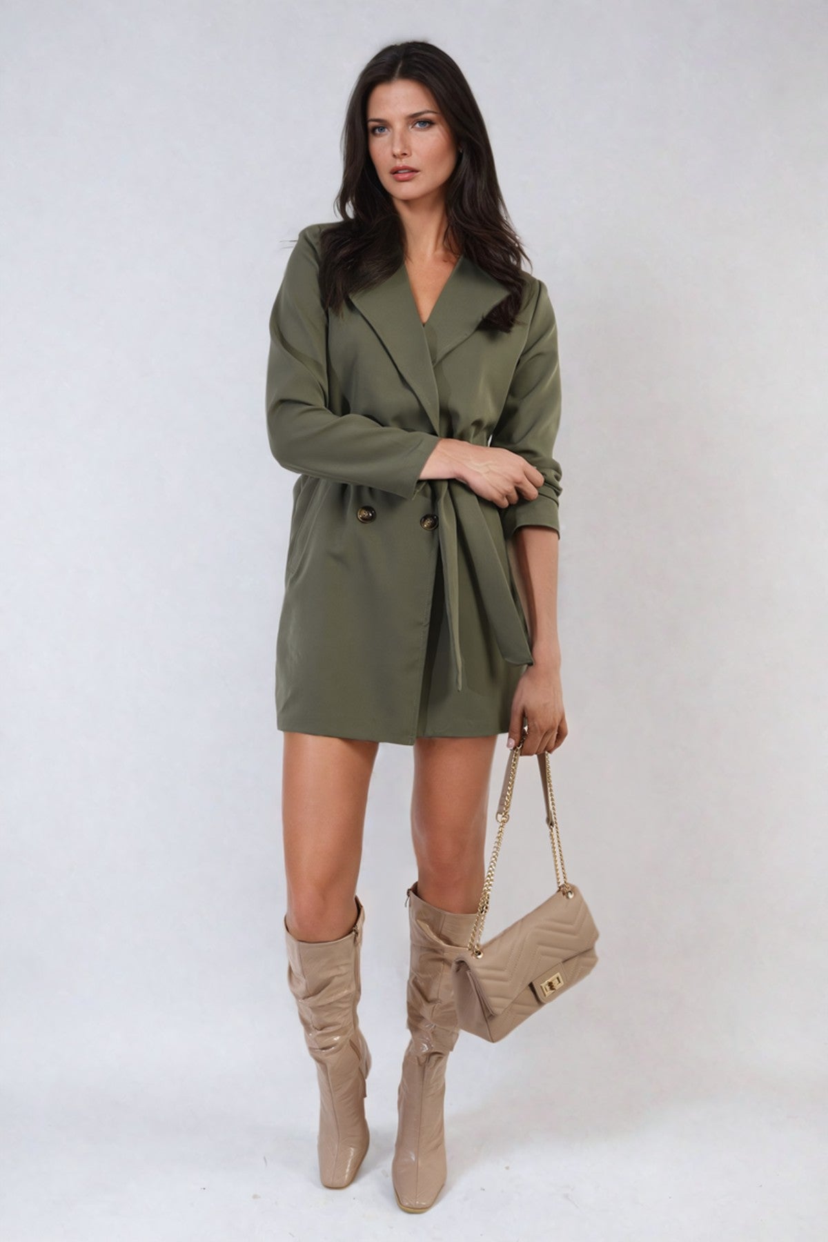 Raven Oversized Waist Tie Button Detail Blazer Jacket - Khaki