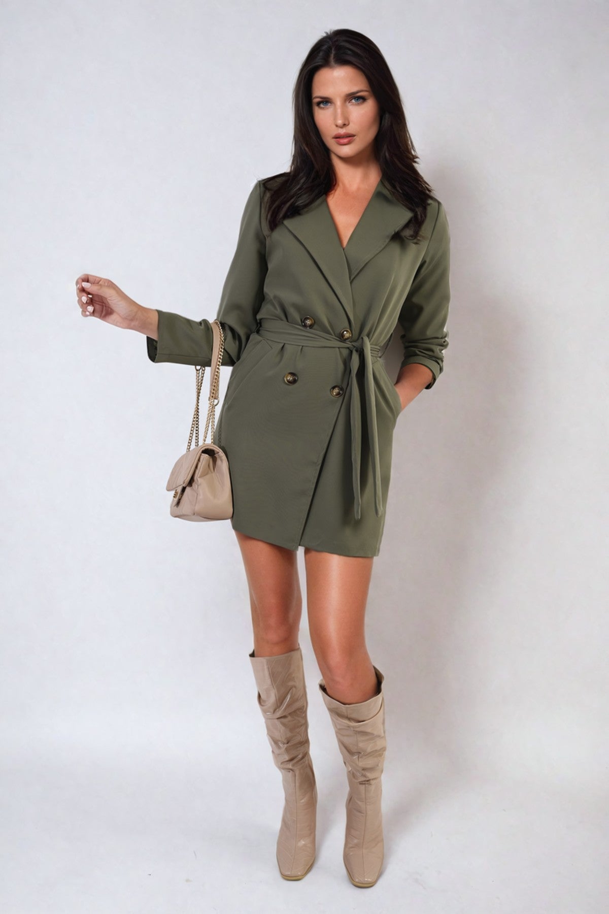 Raven Oversized Waist Tie Button Detail Blazer Jacket - Khaki
