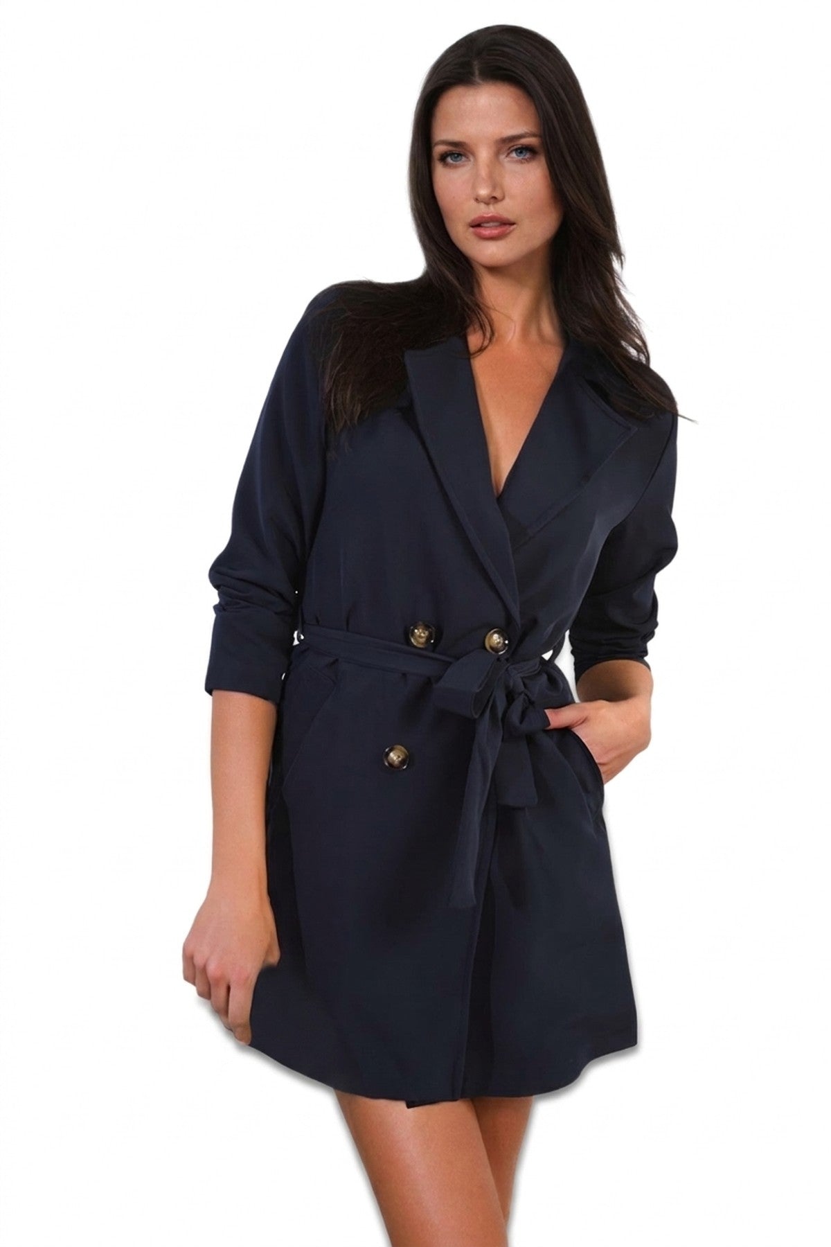 Raven Oversized Waist Tie Button Detail Blazer Jacket - Navy_wb