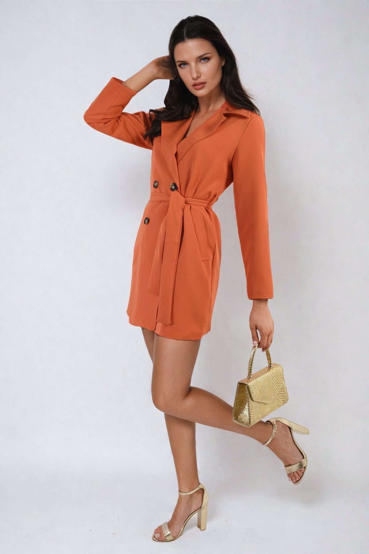 Raven Oversized Waist Tie Button Detail Blazer Jacket - Orange