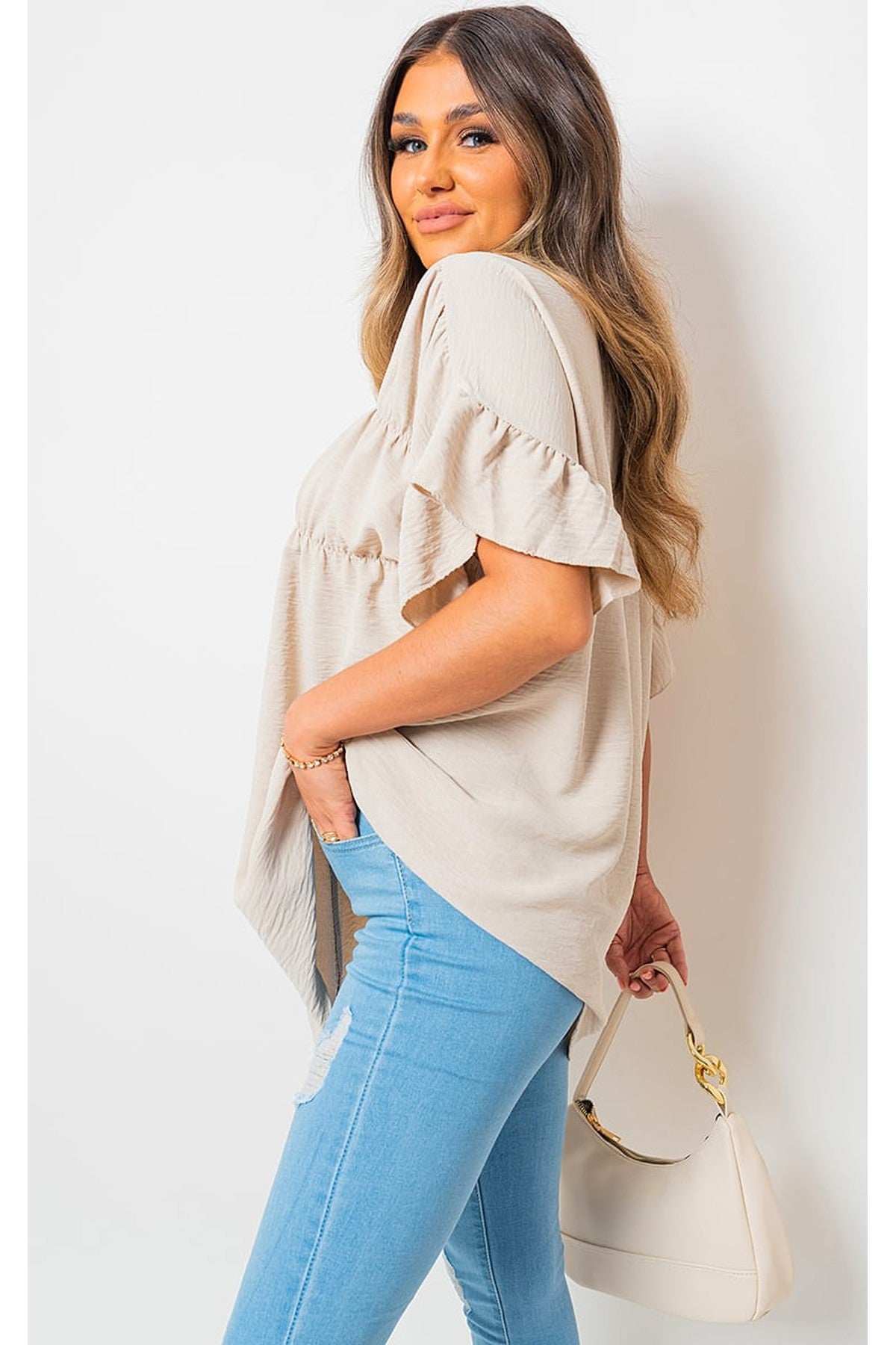 Rebecca Button Down Pleated Frill Tops - Beige