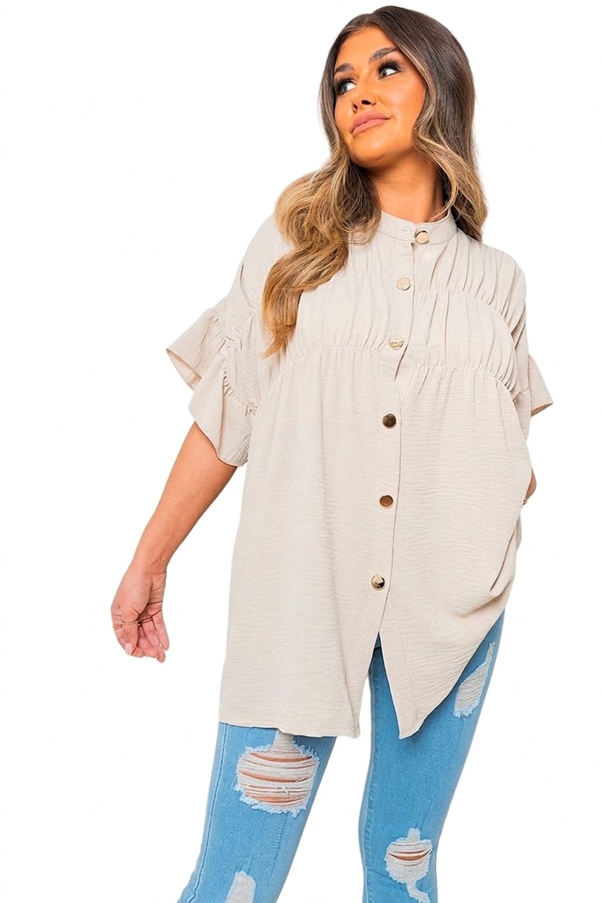Rebecca Button Down Pleated Frill Tops - Beige_wb