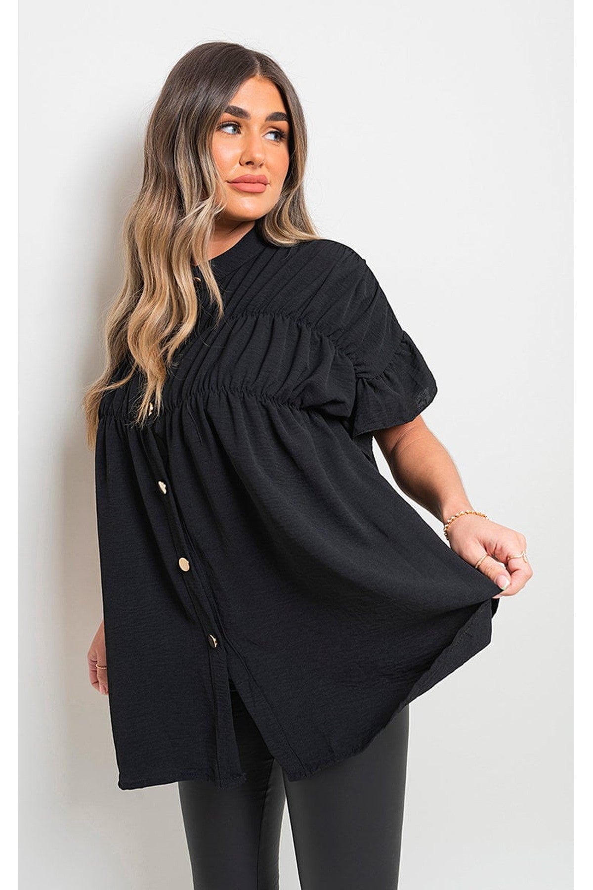 Rebecca Button Down Pleated Frill Tops - Black