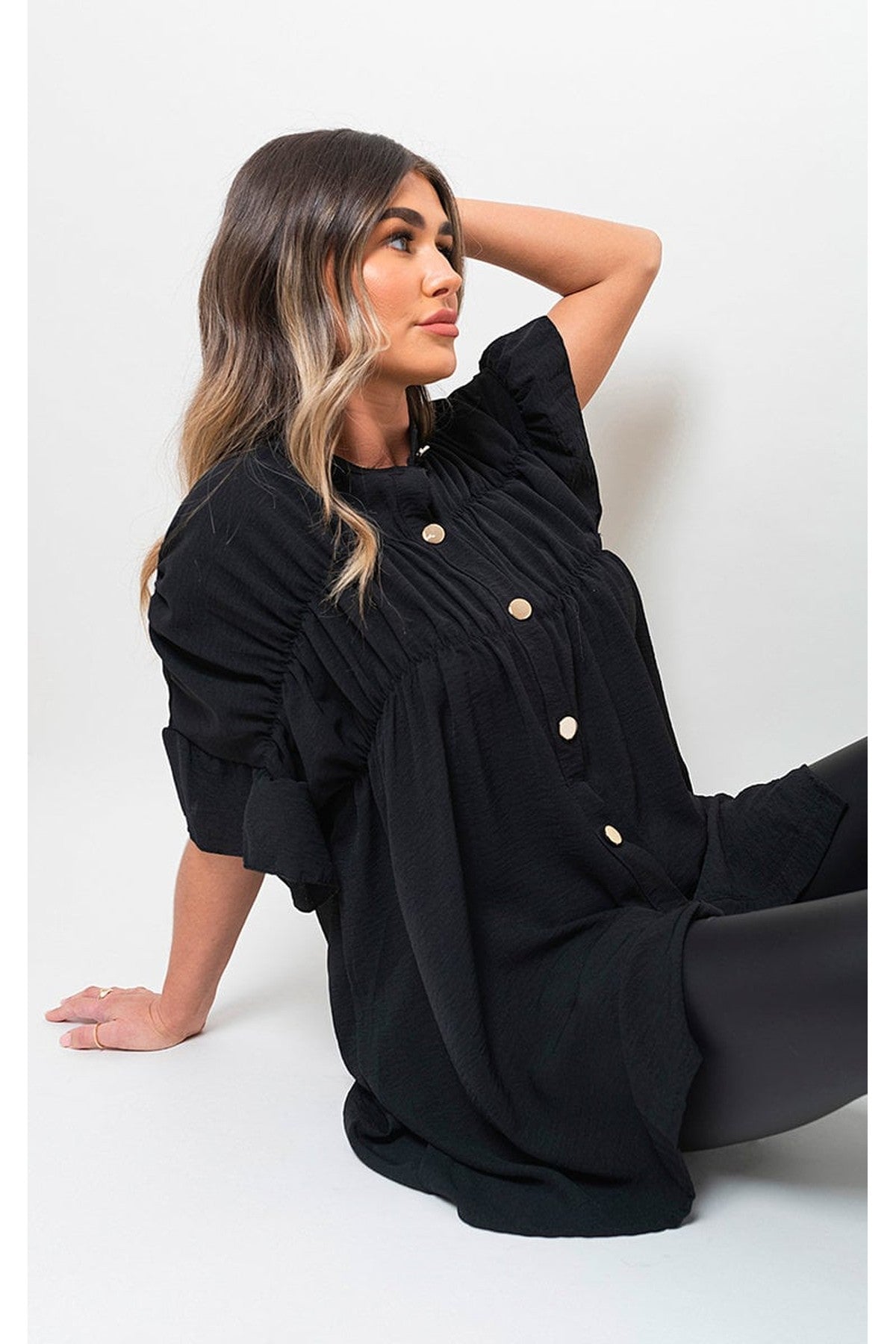 Rebecca Button Down Pleated Frill Tops - Black
