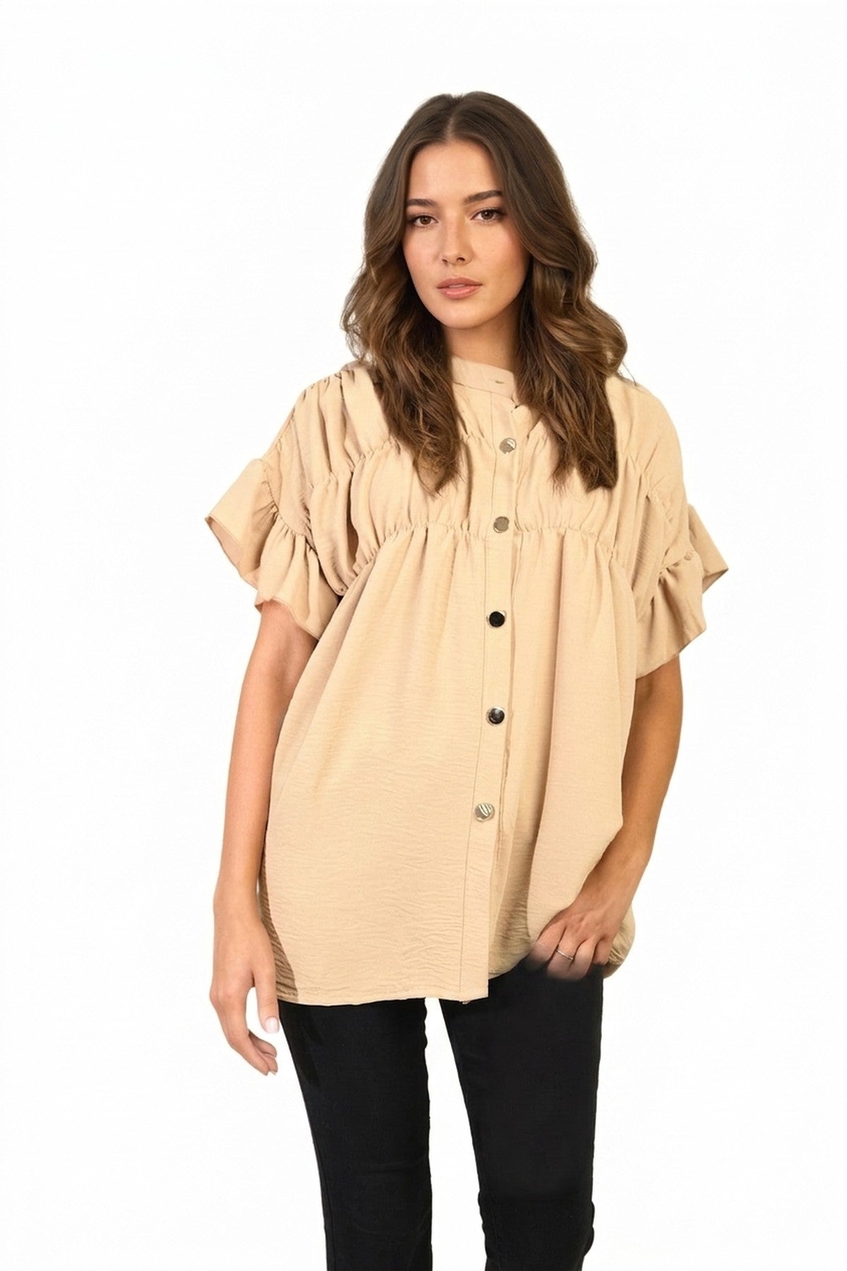 Rebecca Button Down Pleated Frill Tops - Camel_wb