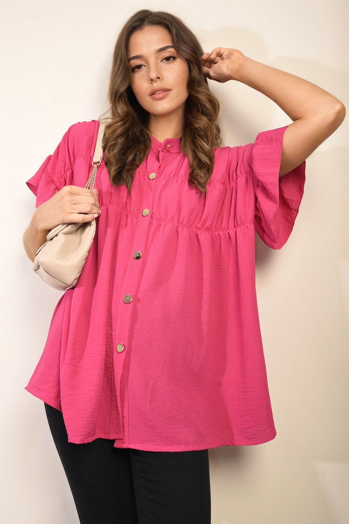 Rebecca Button Down Pleated Frill Tops - Fuschia