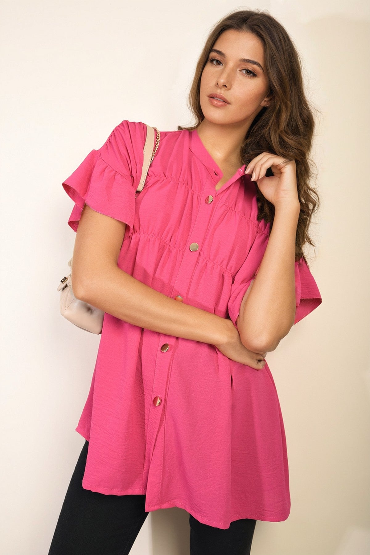Rebecca Button Down Pleated Frill Tops - Fuschia