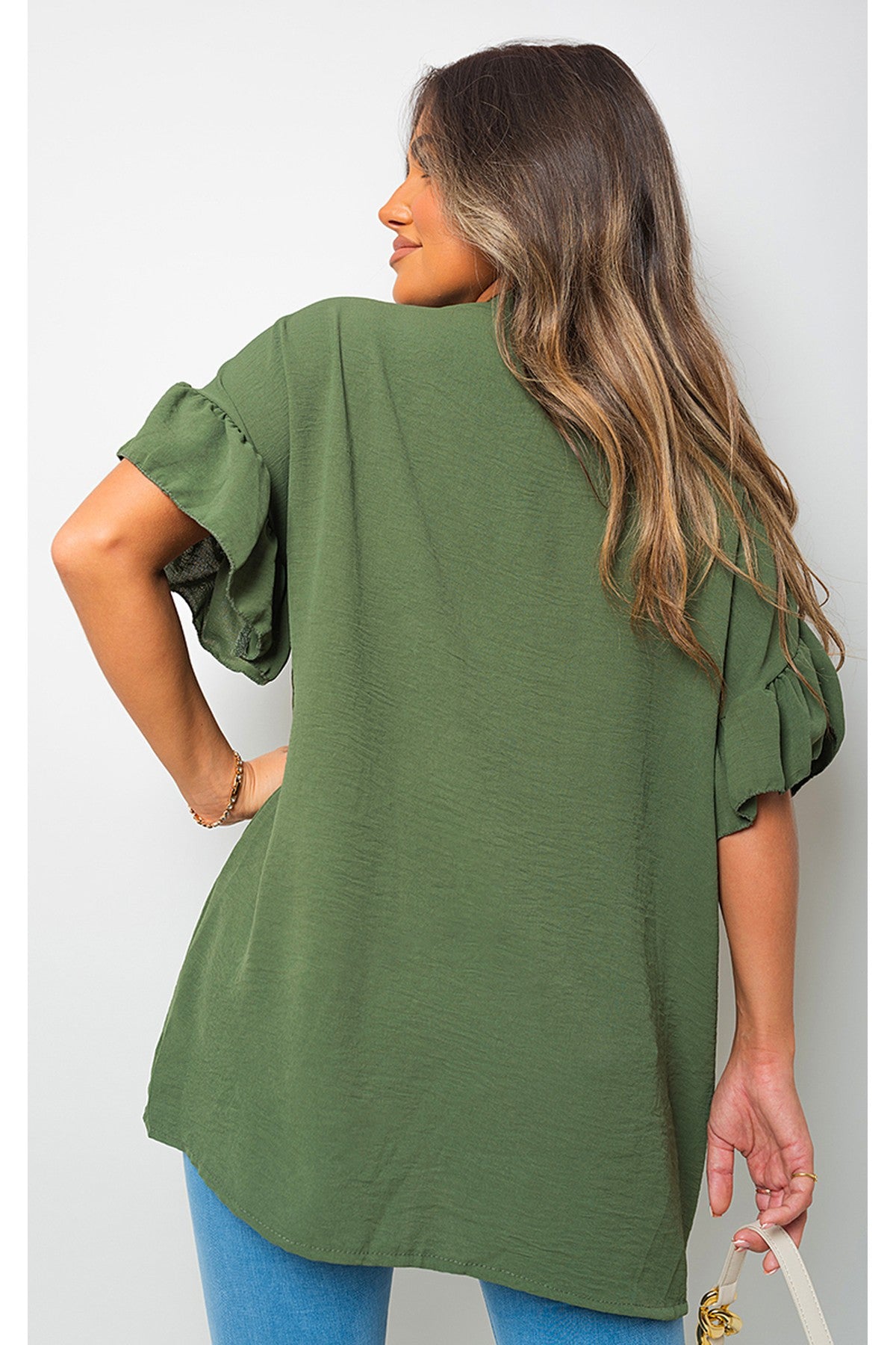 Rebecca Button Down Pleated Frill Tops - Khaki