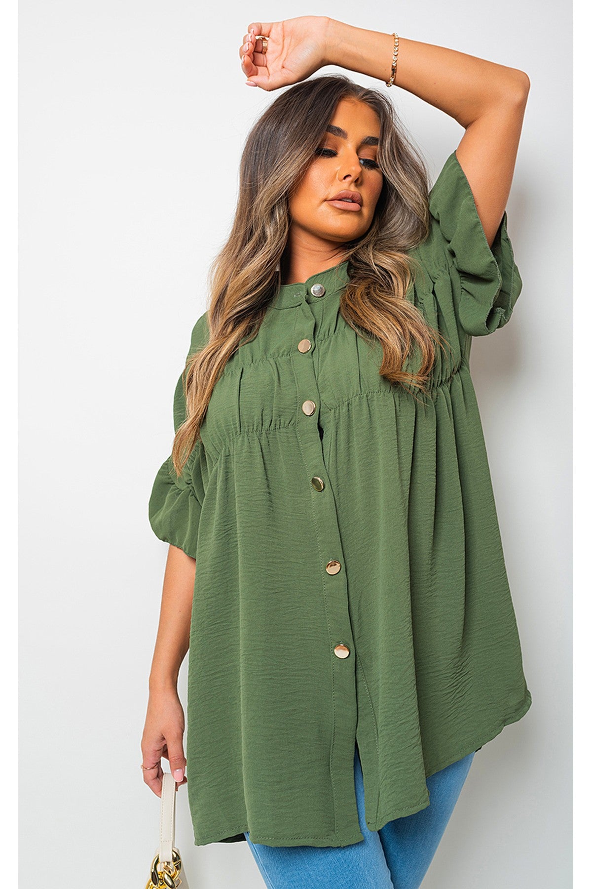 Rebecca Button Down Pleated Frill Tops - Khaki