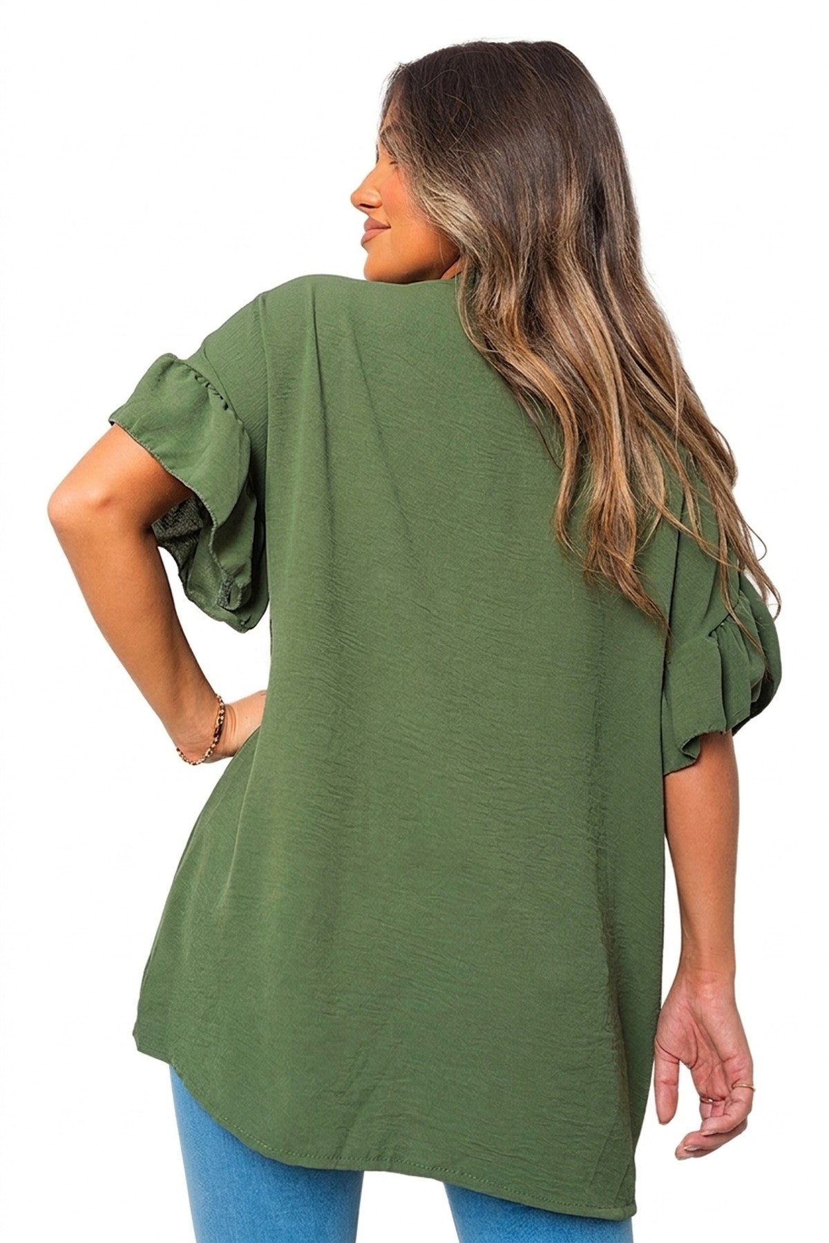 Rebecca Button Down Pleated Frill Tops - Khaki_wb