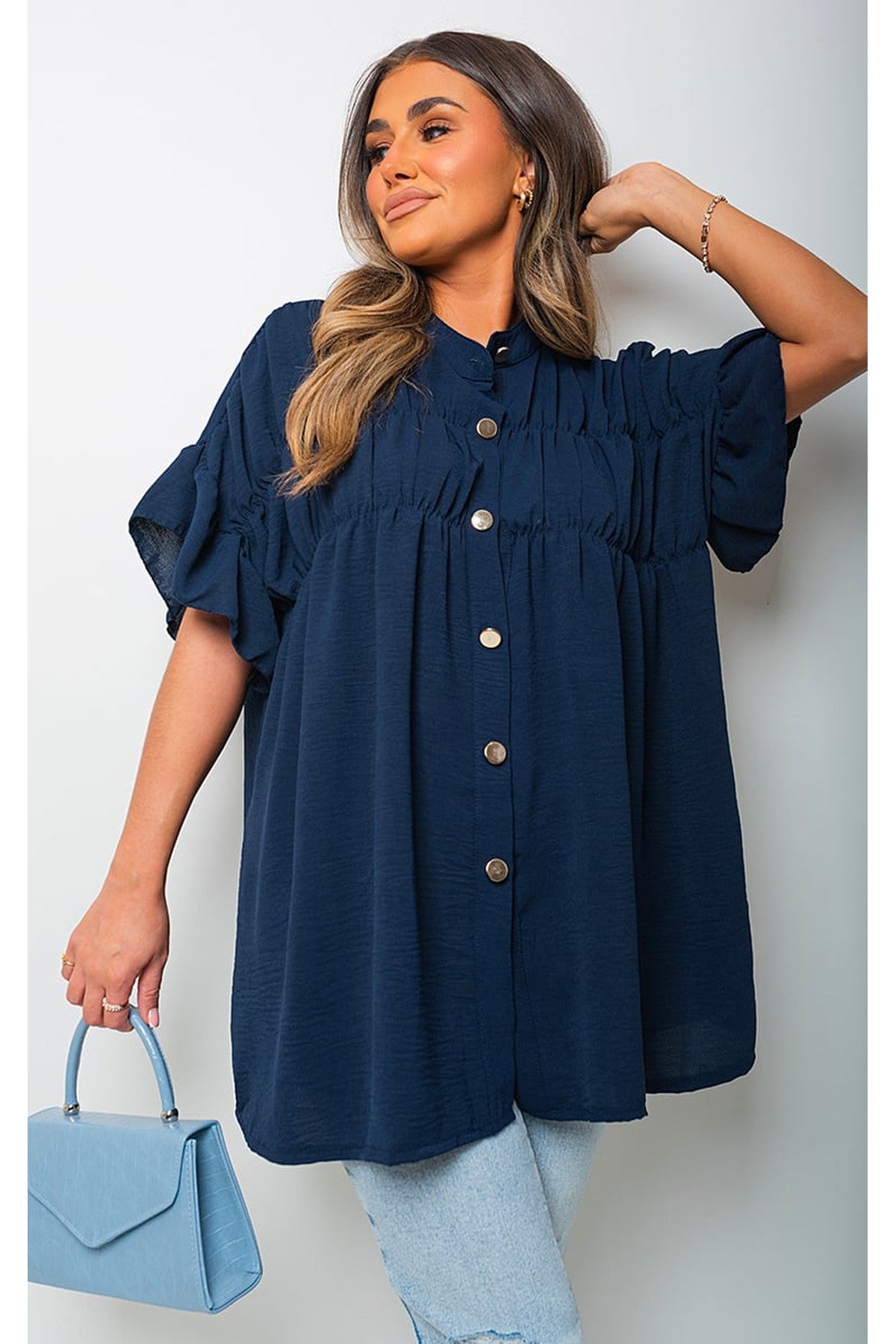 Rebecca Button Down Pleated Frill Tops - Navy