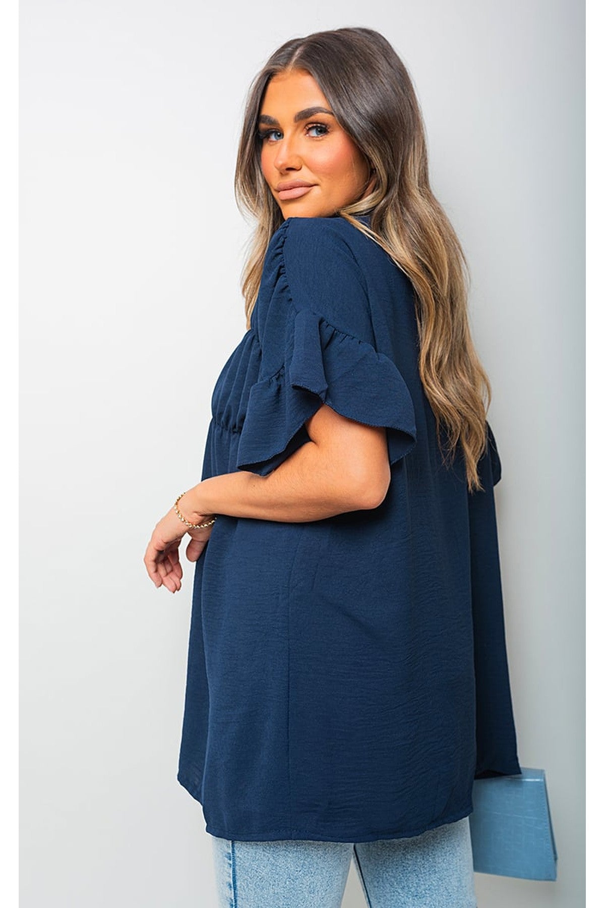 Rebecca Button Down Pleated Frill Tops - Navy