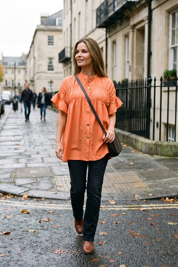 Rebecca Button Down Pleated Frill Tops - Orange
