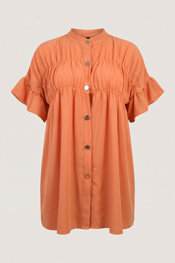 Rebecca Button Down Pleated Frill Tops - Orange