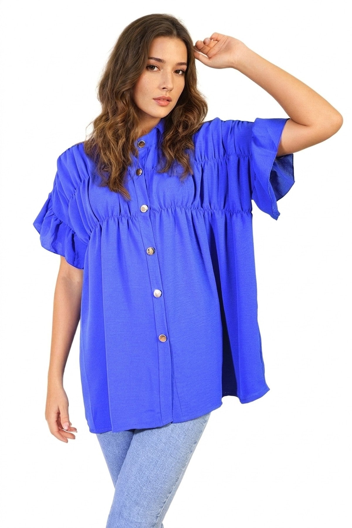 Rebecca Button Down Pleated Frill Tops - ROYAL_wb