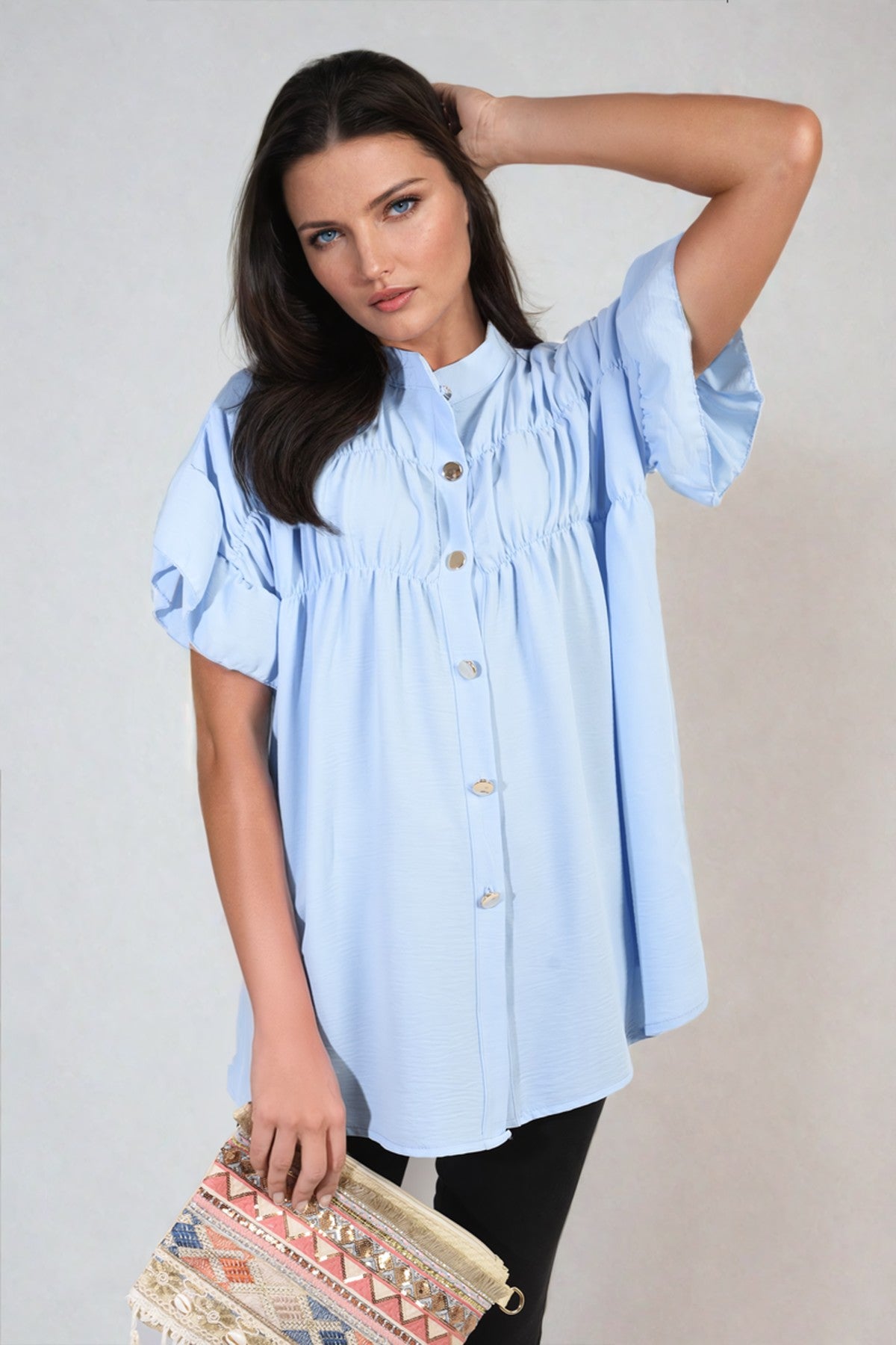 Rebecca Button Down Pleated Frill Tops - Sky Blue