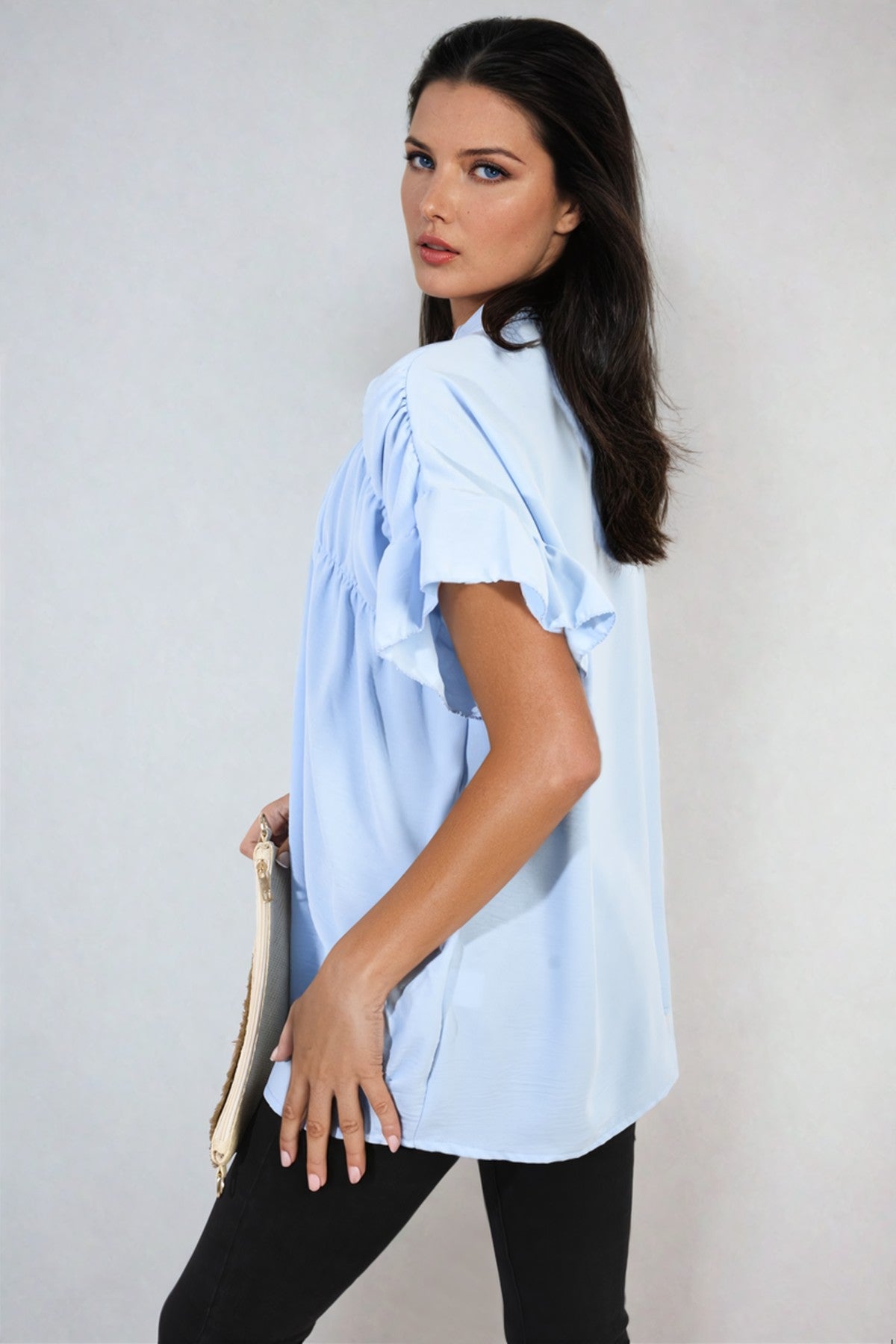 Rebecca Button Down Pleated Frill Tops - Sky Blue