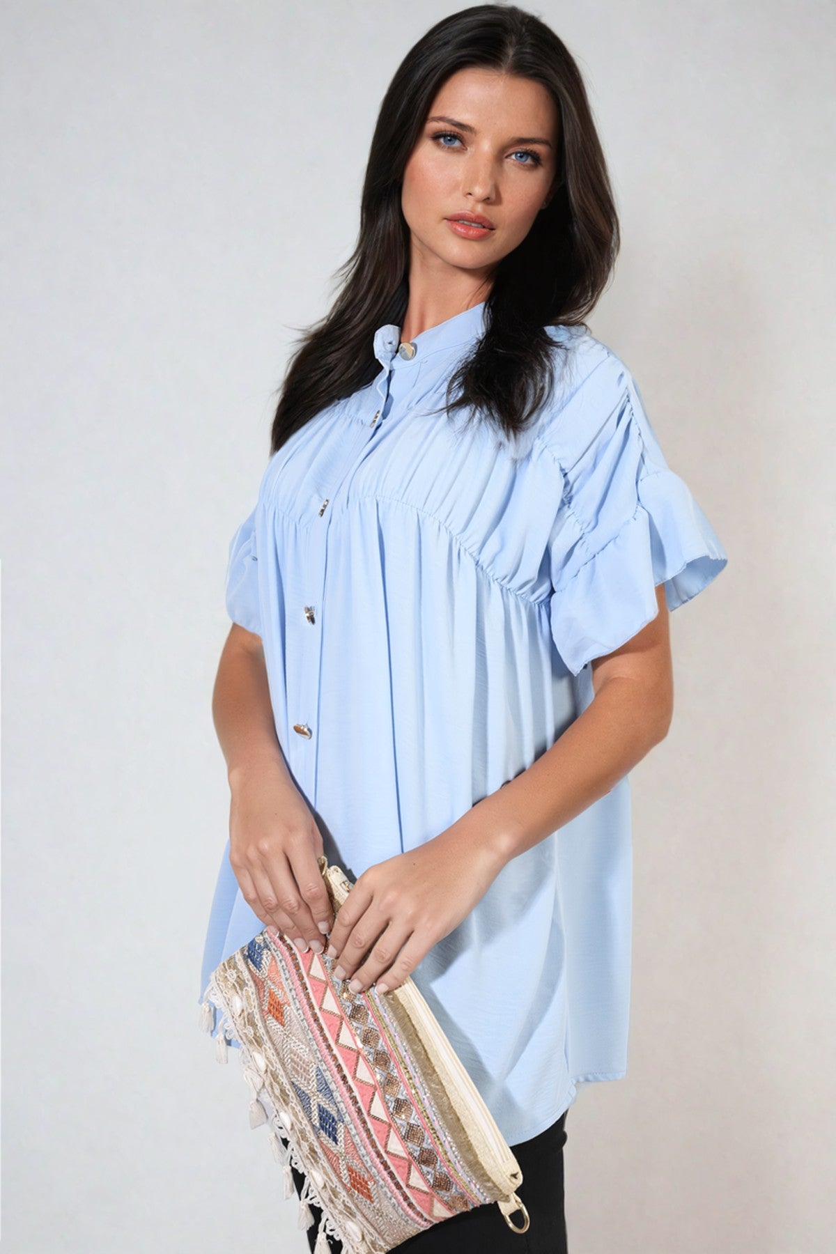 Rebecca Button Down Pleated Frill Tops - Sky Blue