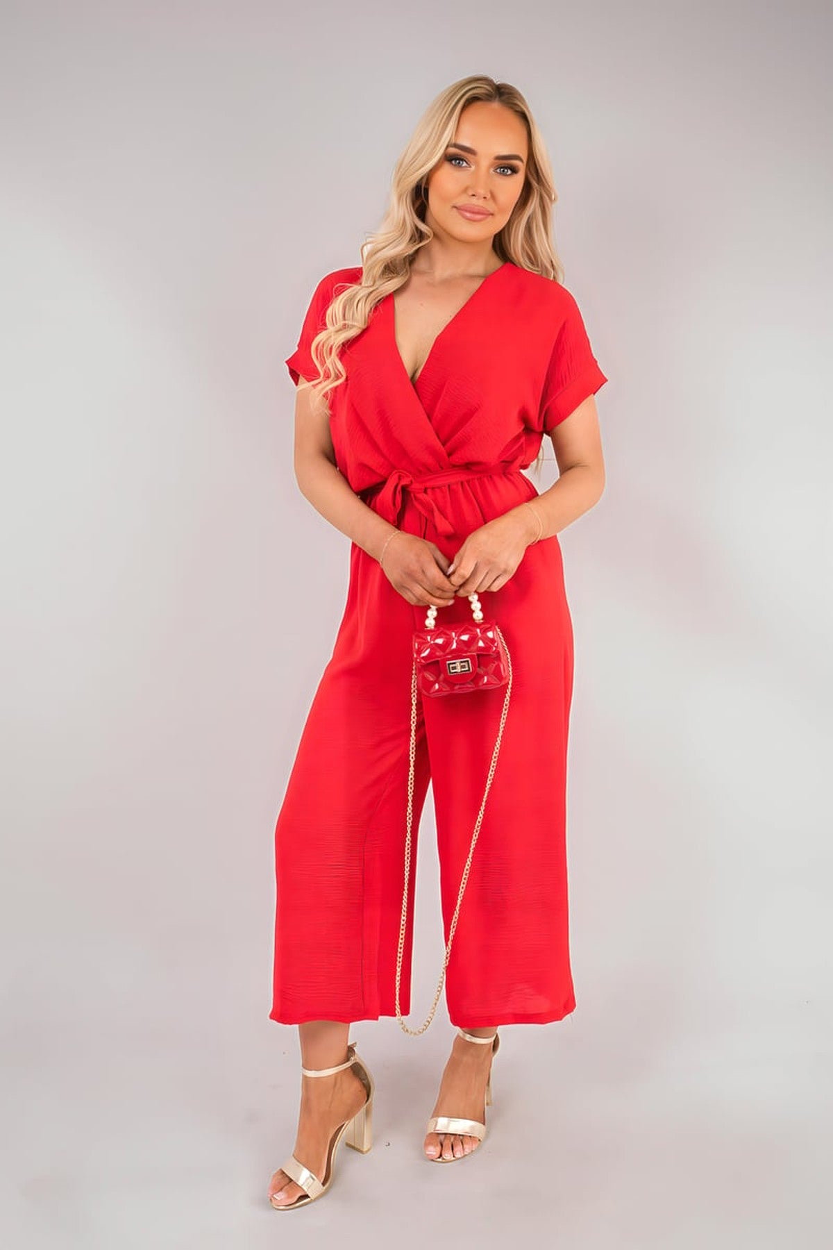 Nerina Wrap Short Sleeve Wide Leg Jumpsuit With Tie Waist - Red