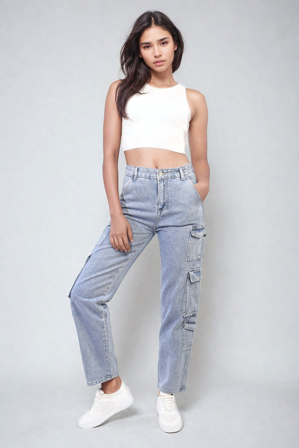 Regina Multi Flap Pockets Cargo Jeans - Denim