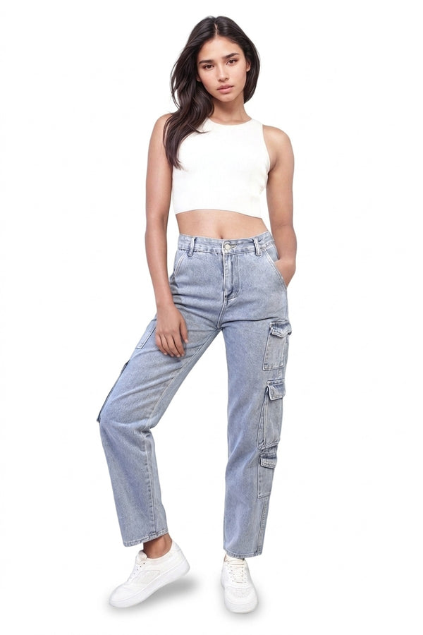 Regina Multi Flap Pockets Cargo Jeans - Denim_wb